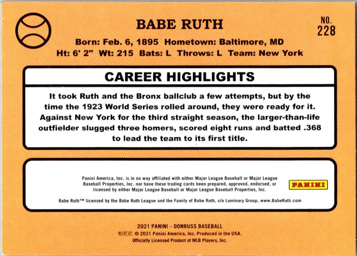 2021 Donruss #228a Babe Ruth last line, "team to its first title.
