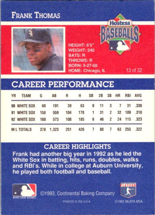1993 Hostess #13 Frank Thomas