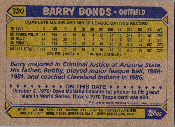 1987 Topps #320 Barry Bonds