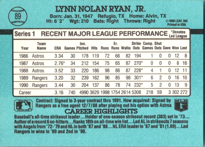 1991 Donruss #89 Nolan Ryan