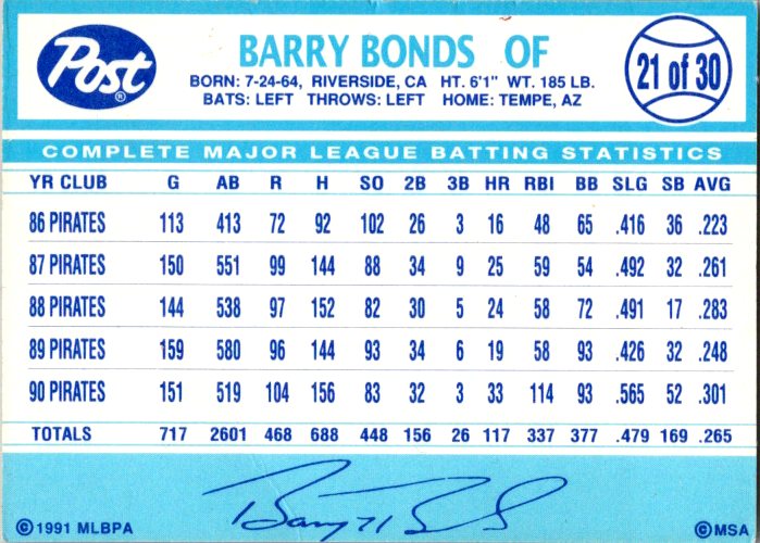 1991 Post Cereal #21 Barry Bonds