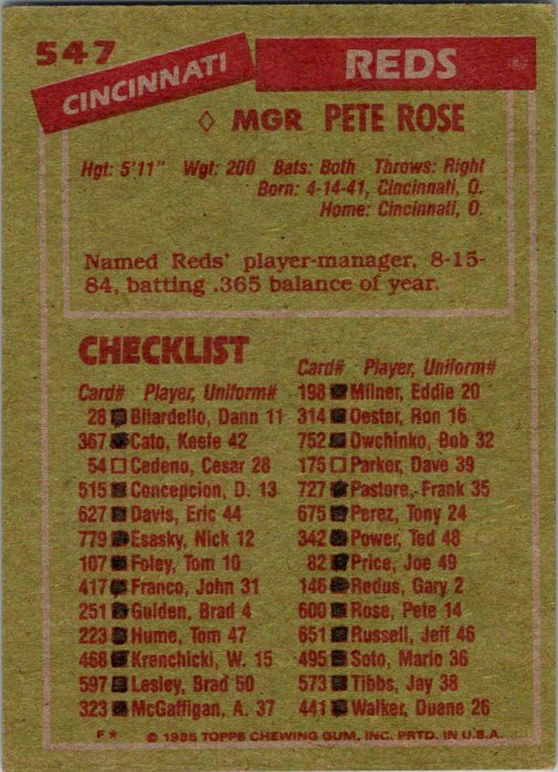 1985 Topps #547 Pete Rose